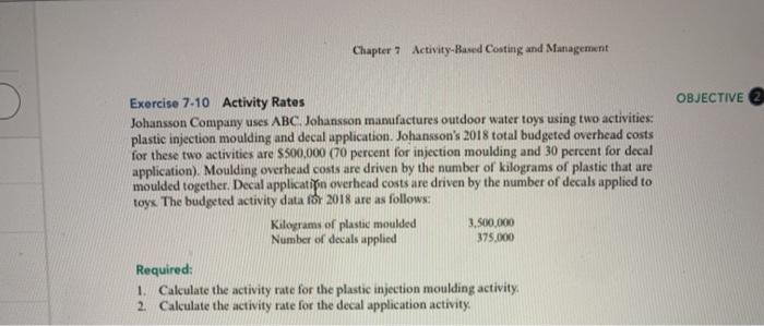 Chapter 7 Activity-Based Costing and Management Exercise 7-10 Activity Rates Johansson Company