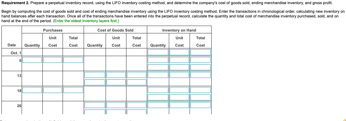 Done Exercise World began October with merchandise inventory of 78 crates of