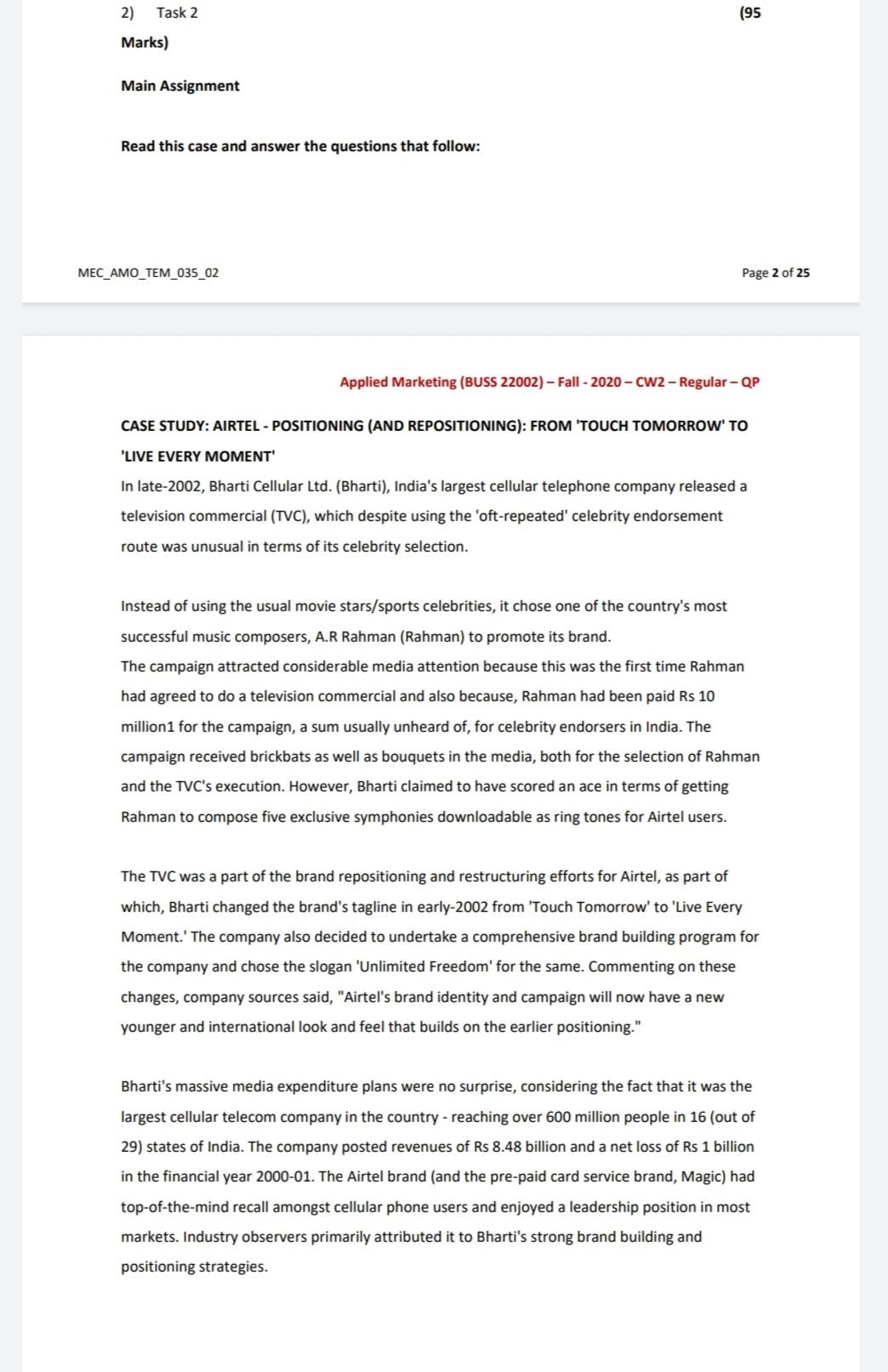 2) Task 2 Marks) Main Assignment Read this case and answer the