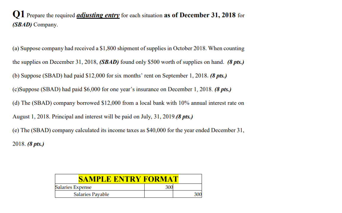 1 Prepare the required adjusting entry for each situation as of December