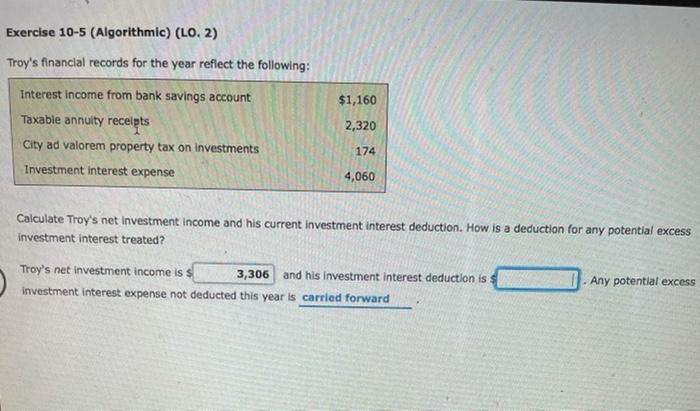 Exercise 10-5 (Algorithmic) (LO. 2) Troy's financial records for the year reflect
