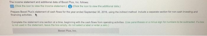 The income statement and additional data of Boost Plus, Inc. follows: (Click