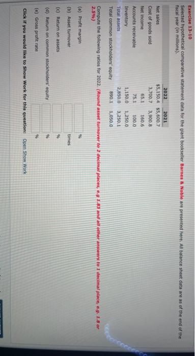 Exercise 13-10. Selected hypothetical comparative statement data for the giant bookseller Barnes