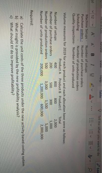Fanadal Question 4, (Activity-Based-Costing) 20 Marks XY Ltd (XY) produces three products-