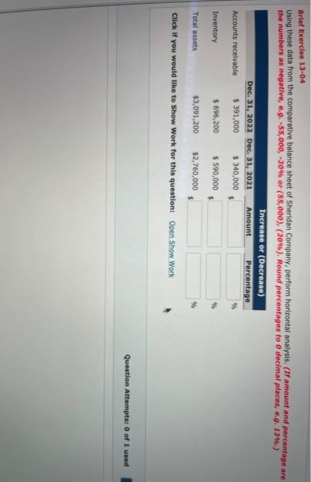 Brief Exercise 13-04 Using these data from the comparative balance sheet of