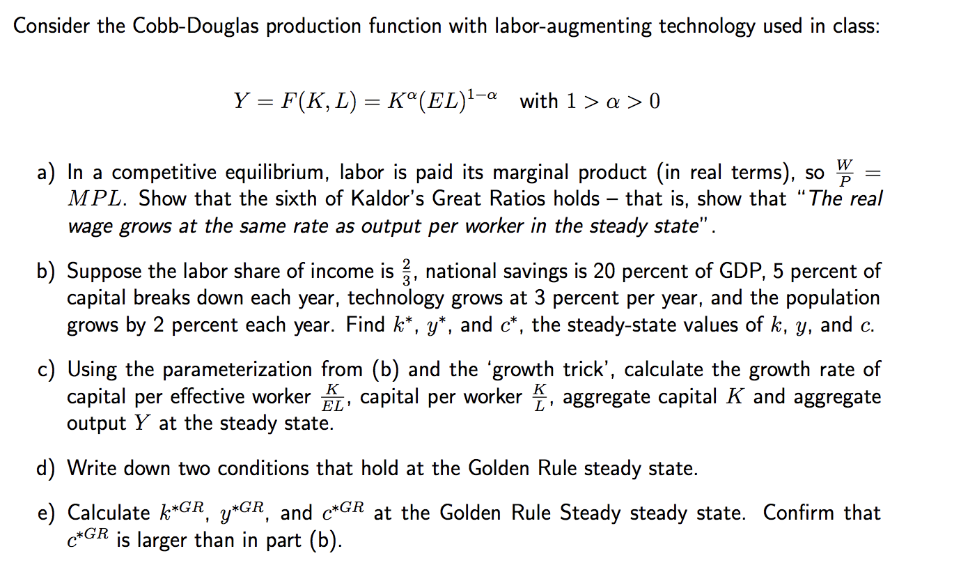  Consider the Cobb-Douglas production function with labor-augmenting technology used in class: