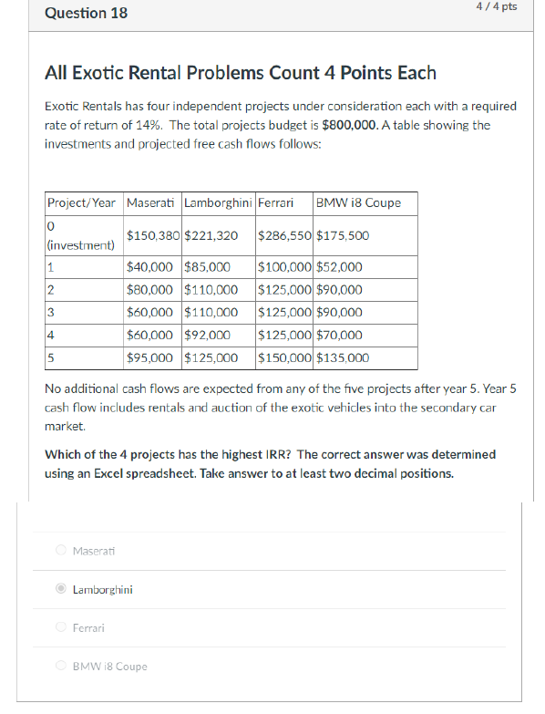 Question 18 4/ 4 pts All Exotic Rental Problems Count 4
