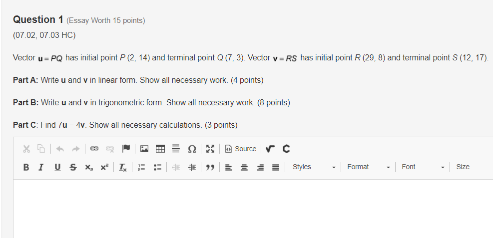 Question 1 {Essay Worth 15 points) (0102,0103 HC} Vector u =