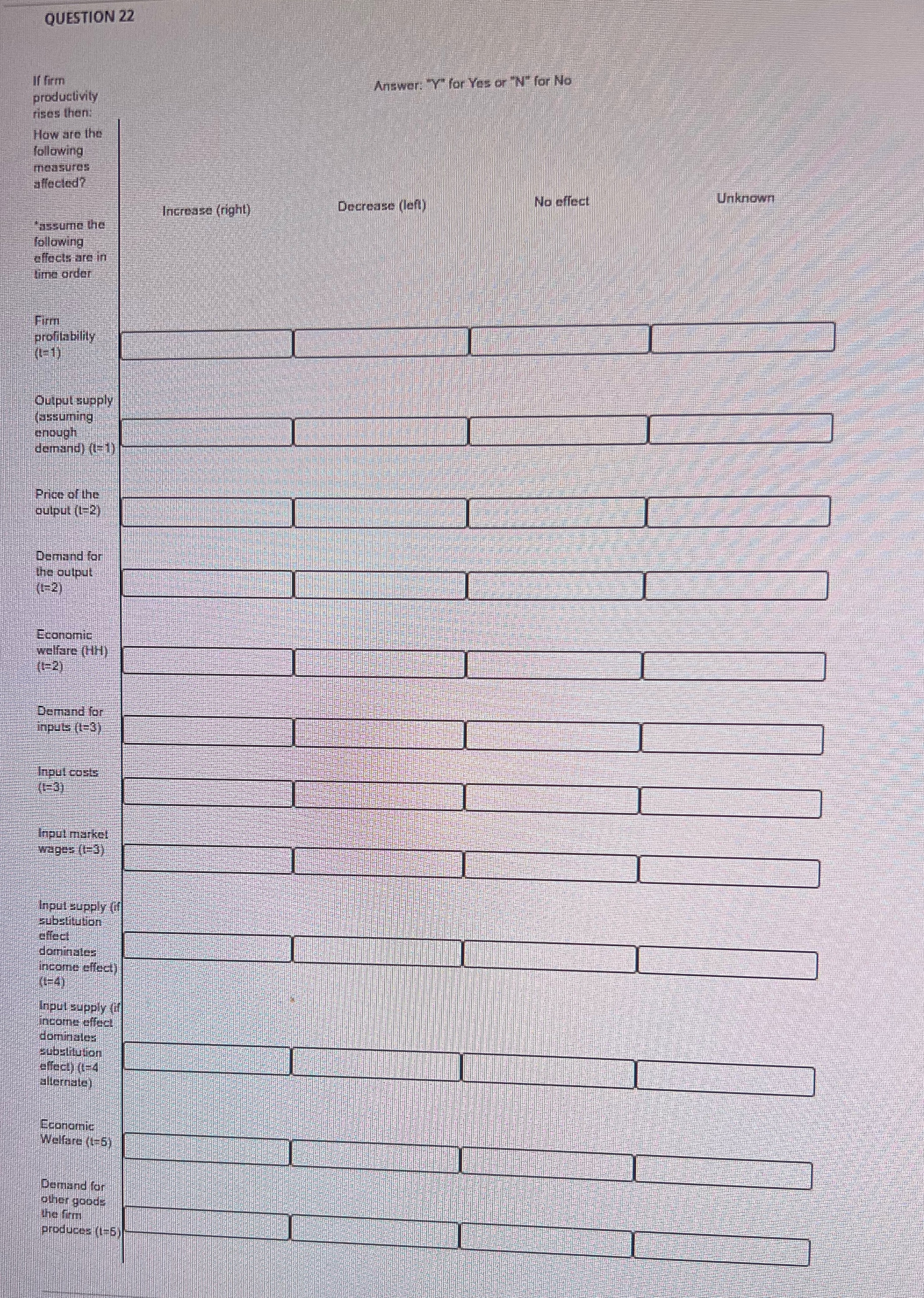 I need a "Y" or "N" for each box for the questions.