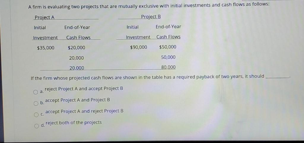 A firm is evaluating two projects that are mutually exclusive with initial