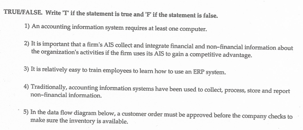 TRUE/FALSE. Write 'T' if the statement is true and 'F' if the