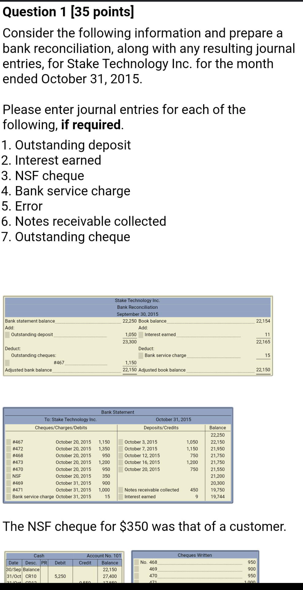 1 [35 points] Consider the following information and prepare a bank reconciliation,