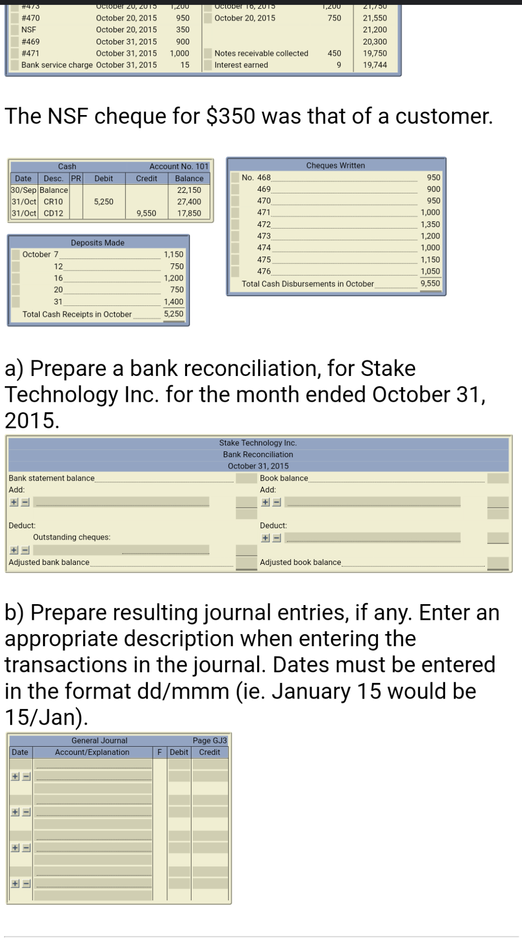 along with any resulting journal entries, for Stake Technology Inc. for the