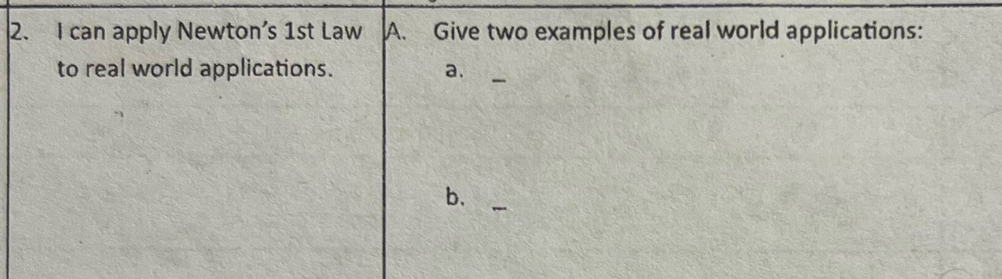 2. I can apply Newton's 1st Law A. Give two examples