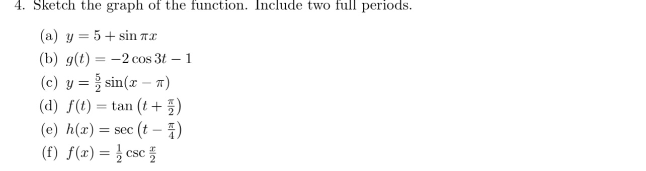 4. Sketch the graph of the function. Include two full periods.