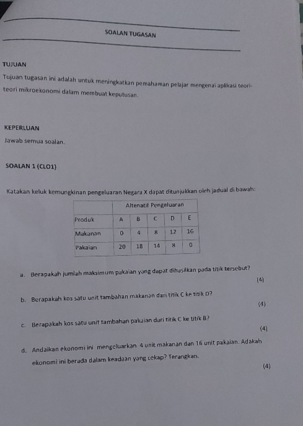 SOALAN TUGASAN TUJUAN Tujuan tugasan ini adalah untuk pemahaman teori mikroekonorni da