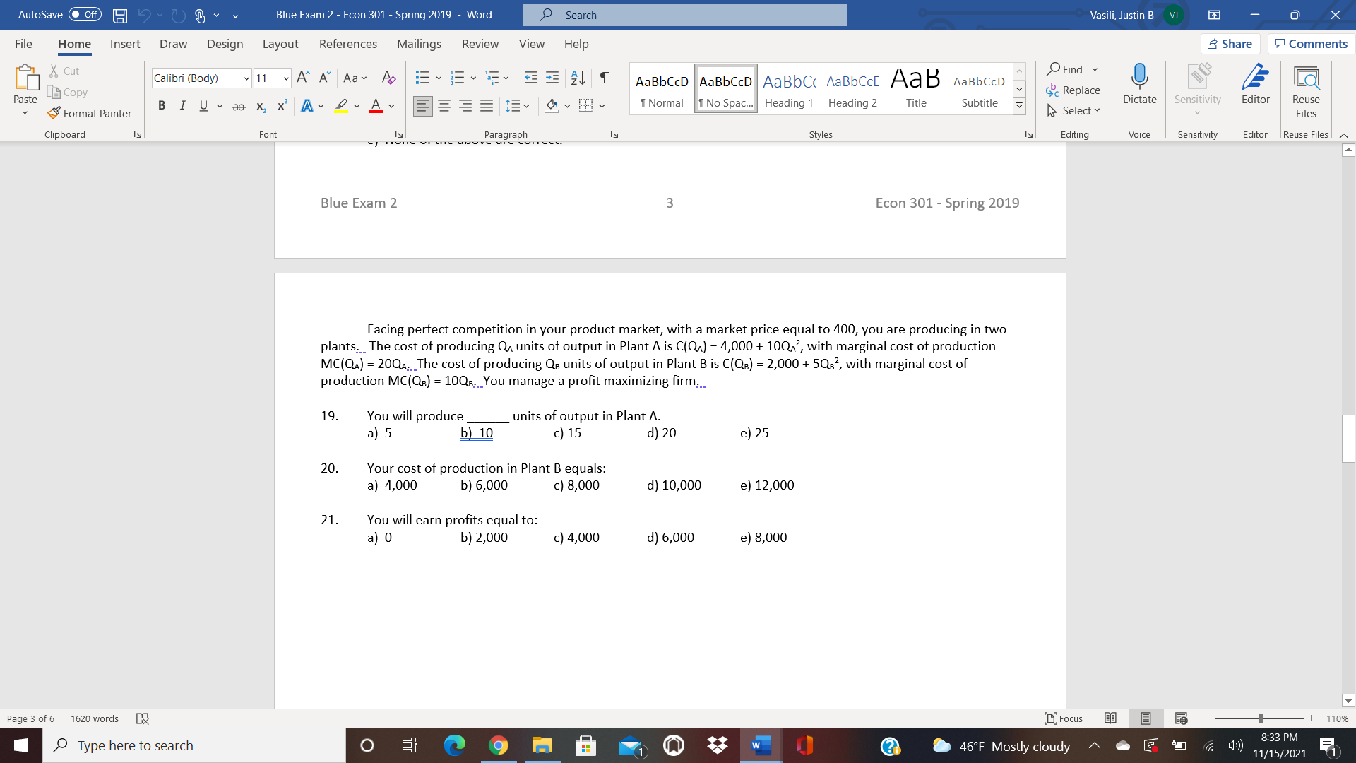 AutoSave . Off) Blue Exam 2 - Econ 301 - Spring