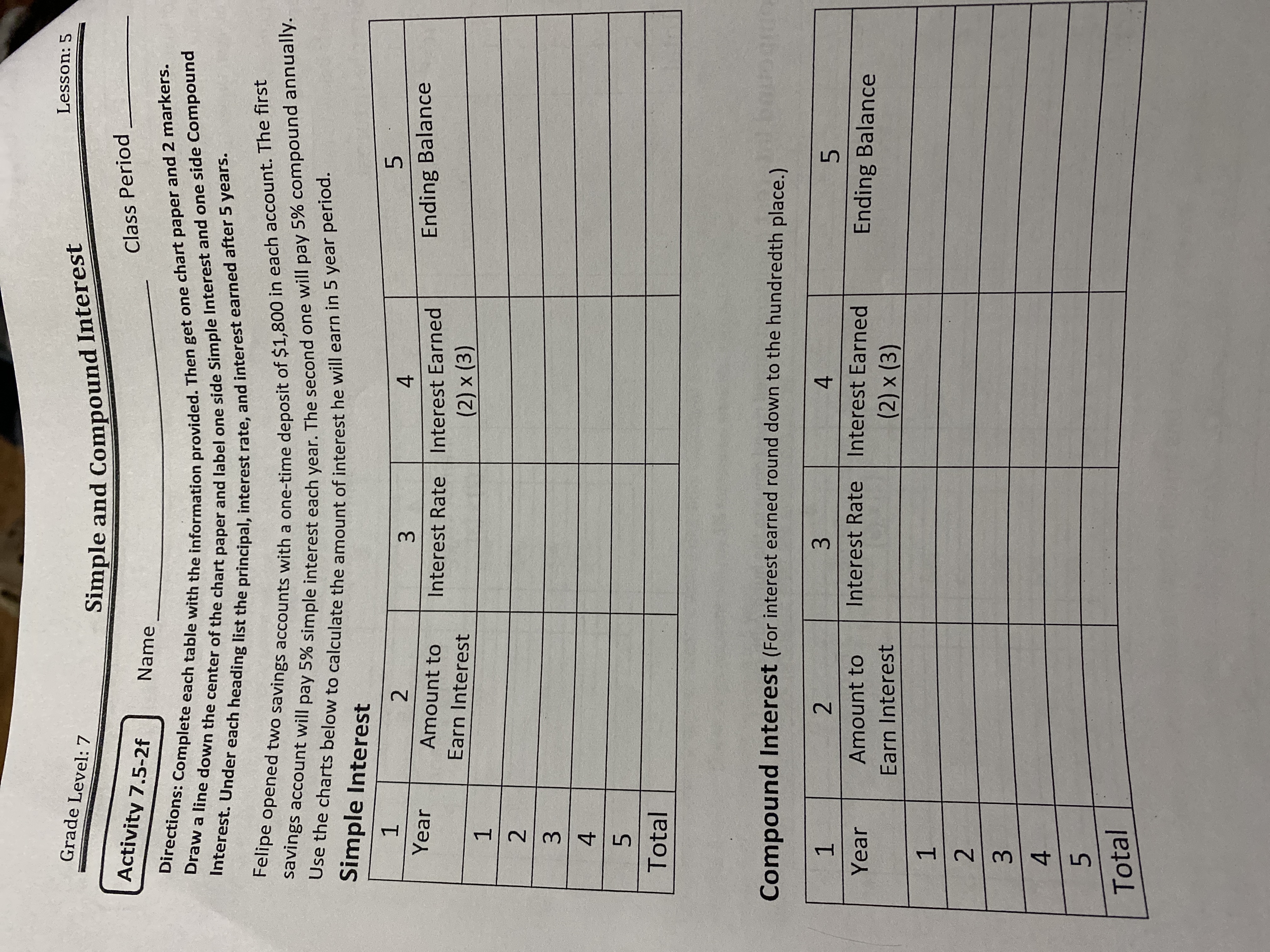  Lesson: 5 Grade Level: 7 Simple and Compound Interest Activity 7.5-2f