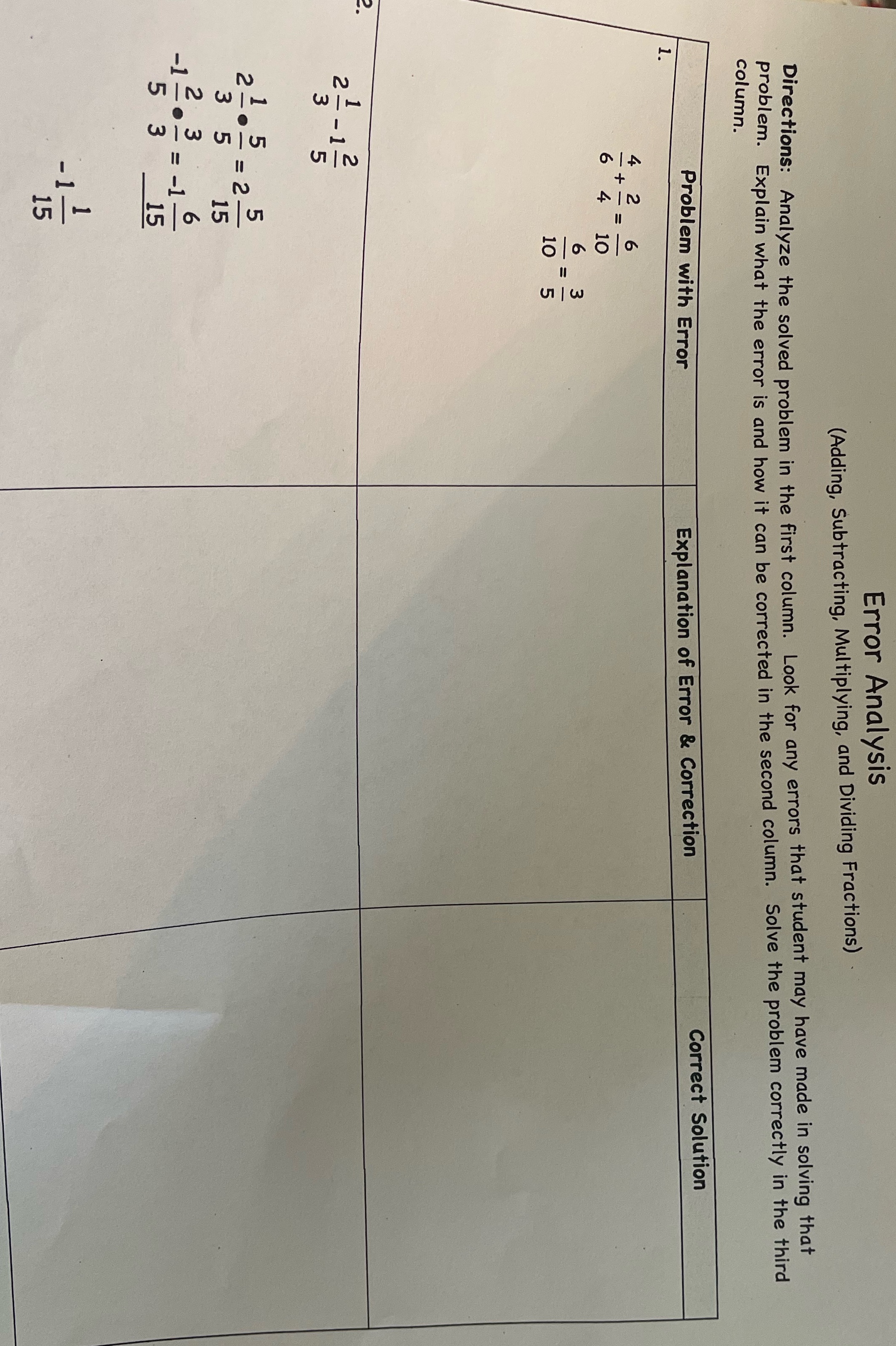 Read Directions Error Analysis (Adding, Subtracting, Multiplying, and Dividing Fractions) Directions: Analyze