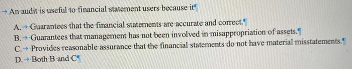 An audit is useful to financial statement users because it A. Guarantees