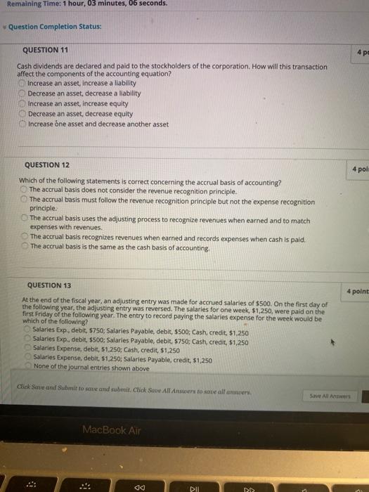 Remaining Time: 1 hour, 03 minutes, 06 seconds. Question Completion Status: QUESTION