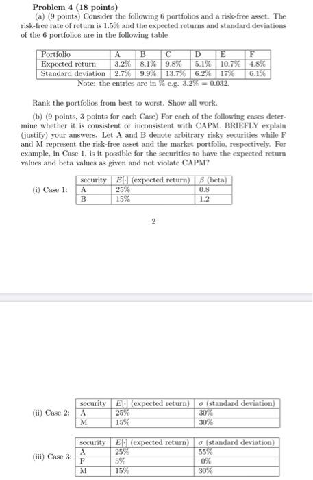 4 (18 points) (a) (9 points) Consider the following 6 portfolios and