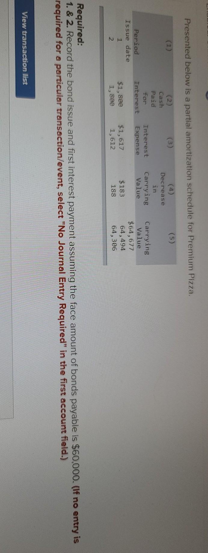 Presented below is a partial amortization schedule for Premium Pizza. (1) (2)