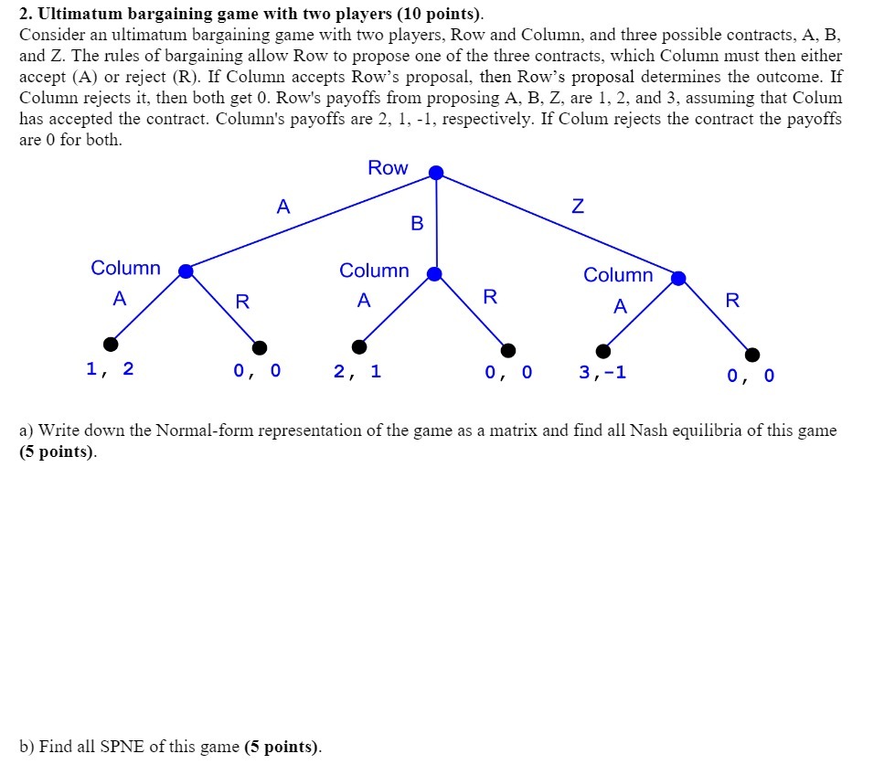  2. Ultimatum bargaining game with two players (10 points). Consider an