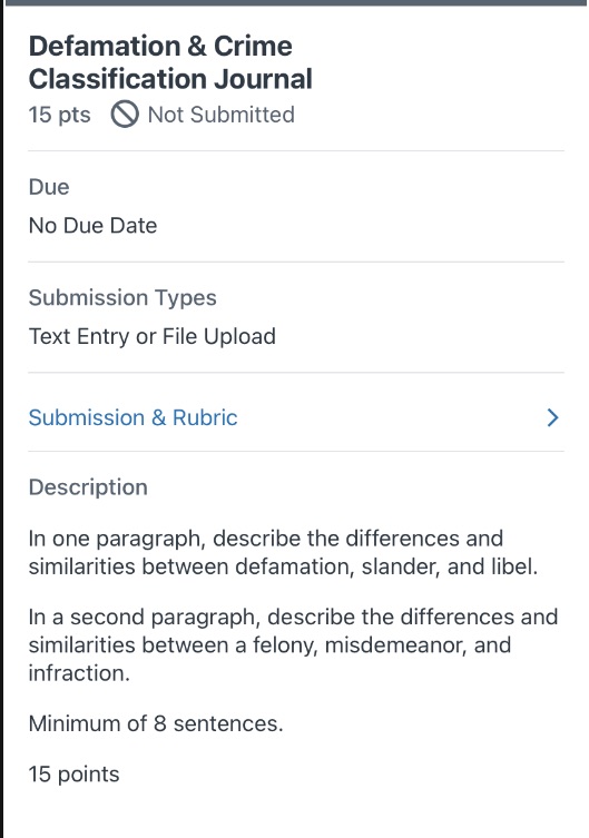 Defamation & Crime Classification Journal Defamation & Crime Classification Journal 15 pts