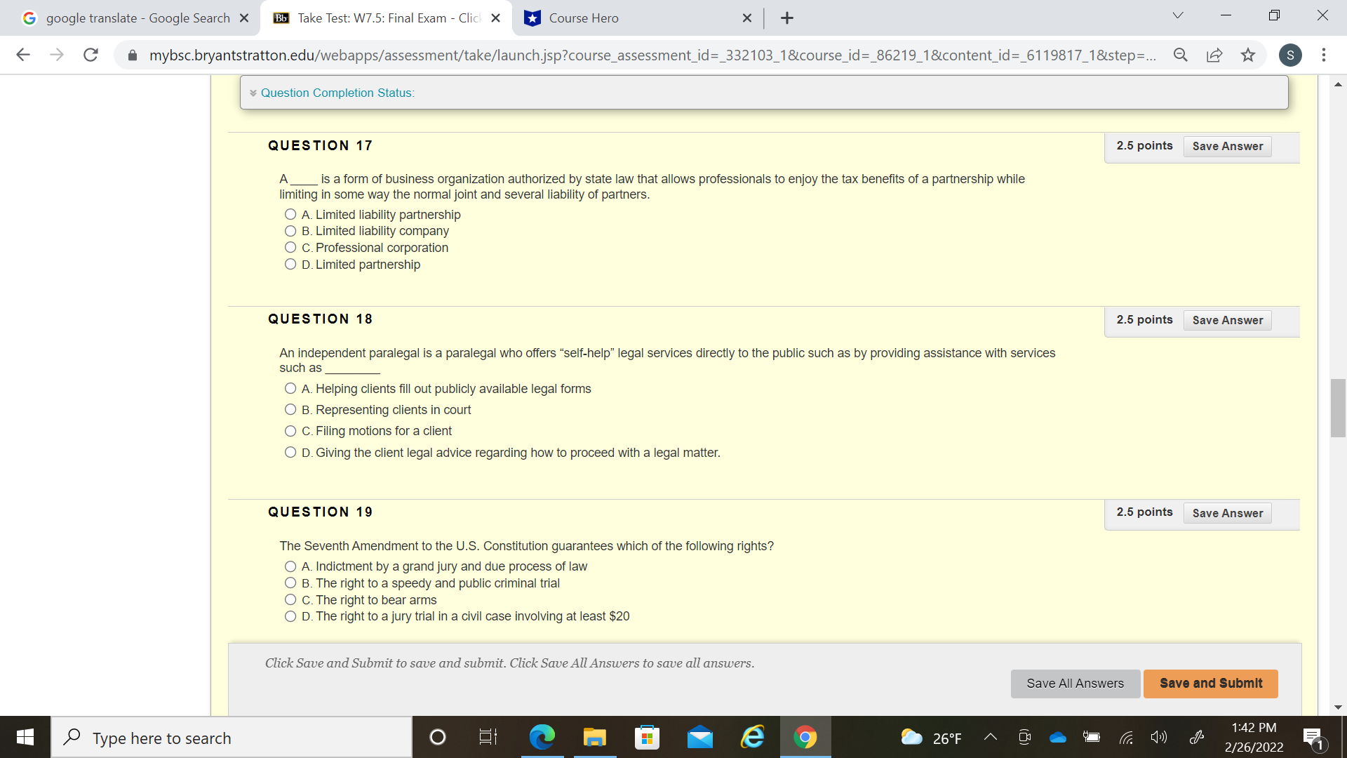 a mybsc.bryantstratton.edu/webapps/assessment/take/launch.jsp?course_assessment_id=_332103_1&course_id=_86219_1&content_id=_6119817_1&step=.. Q E X S . . . Question Completion Status:
