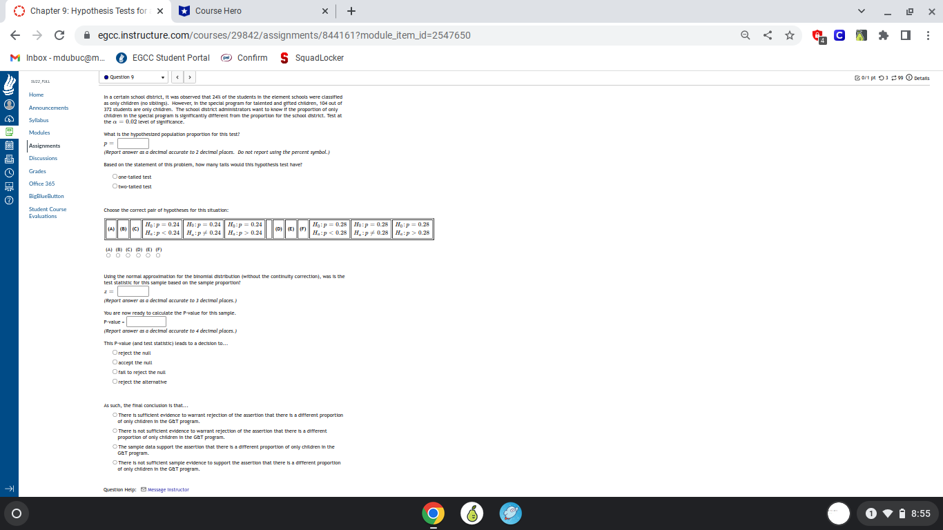  Chapter 9: Hypothesis Tests for : X Course Hero X +