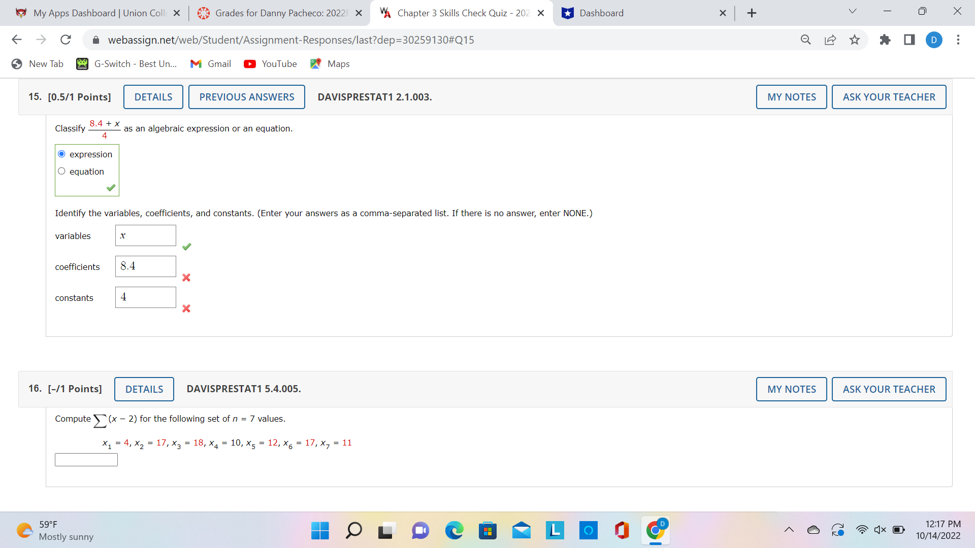 My Apps Dashboard | Union Coll X Grades for Danny Pacheco: