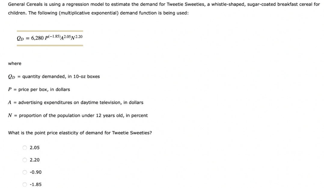 please answer General Cereals is using a regression model to estimate the