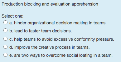  FProduction blocking and evaluation apprehension Select one: ) a. hinder organizational