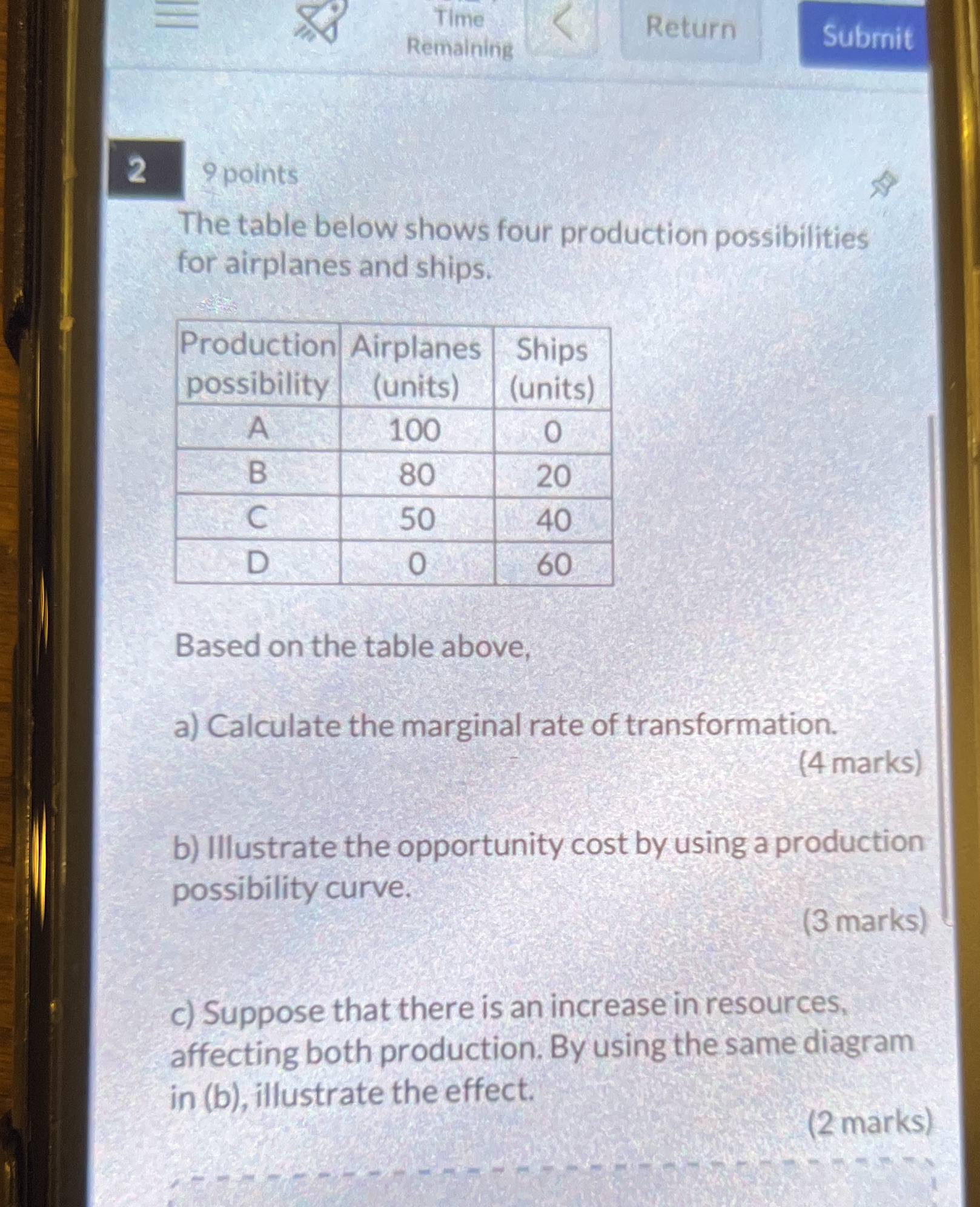  Time Return Remaining Submit 2 9 points The table below shows