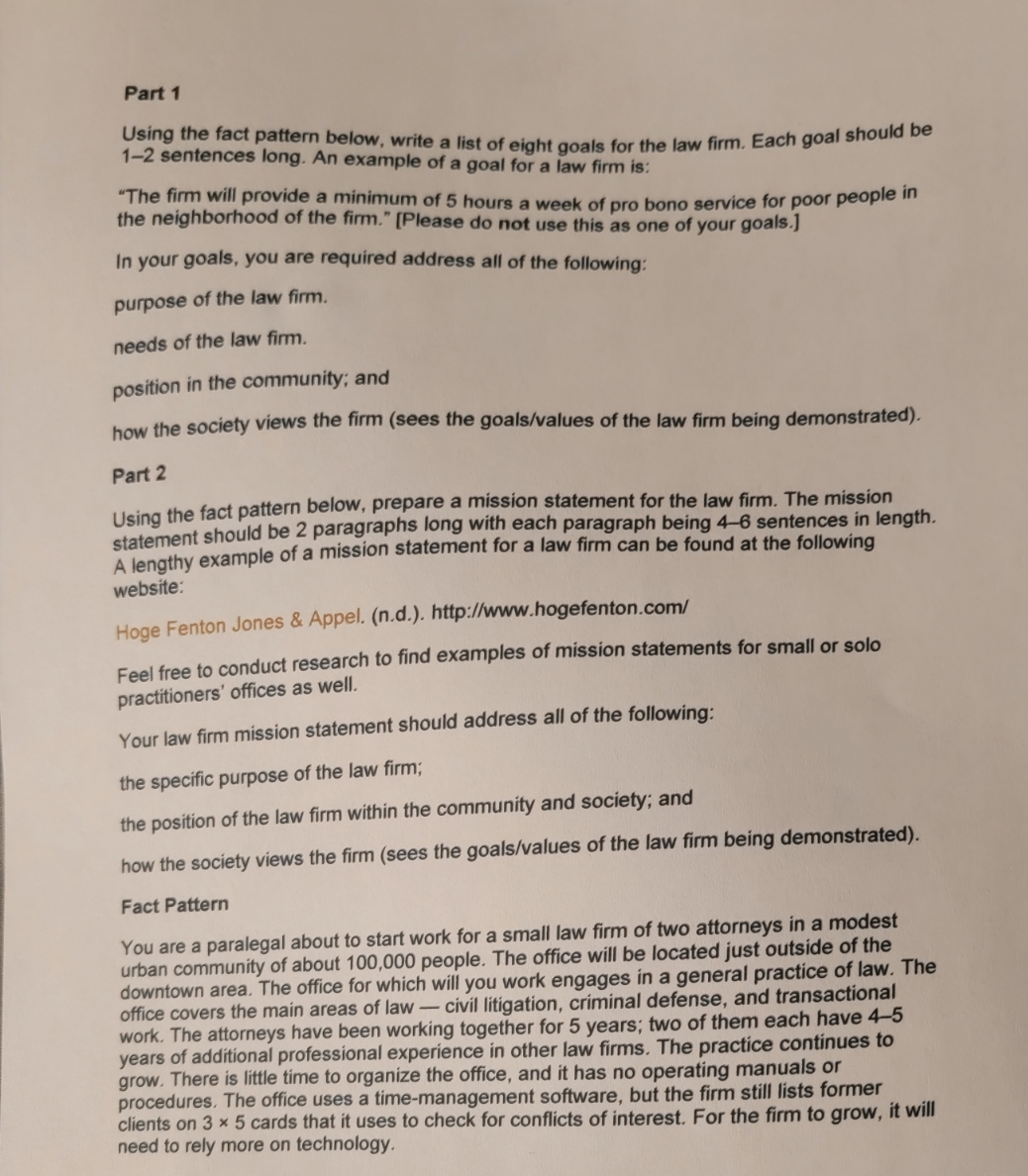 PA305 LAW OFFICE MANAGEMENT Part 1 Using the fact pattern below, write