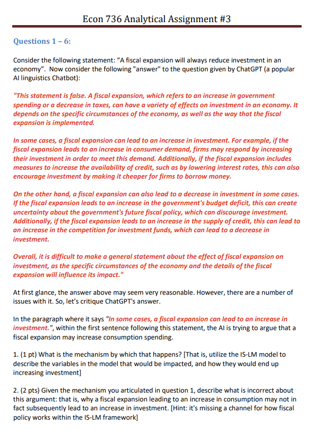  Econ T36 Analytical Assignment #3 Questions 1 I5: Consider the following