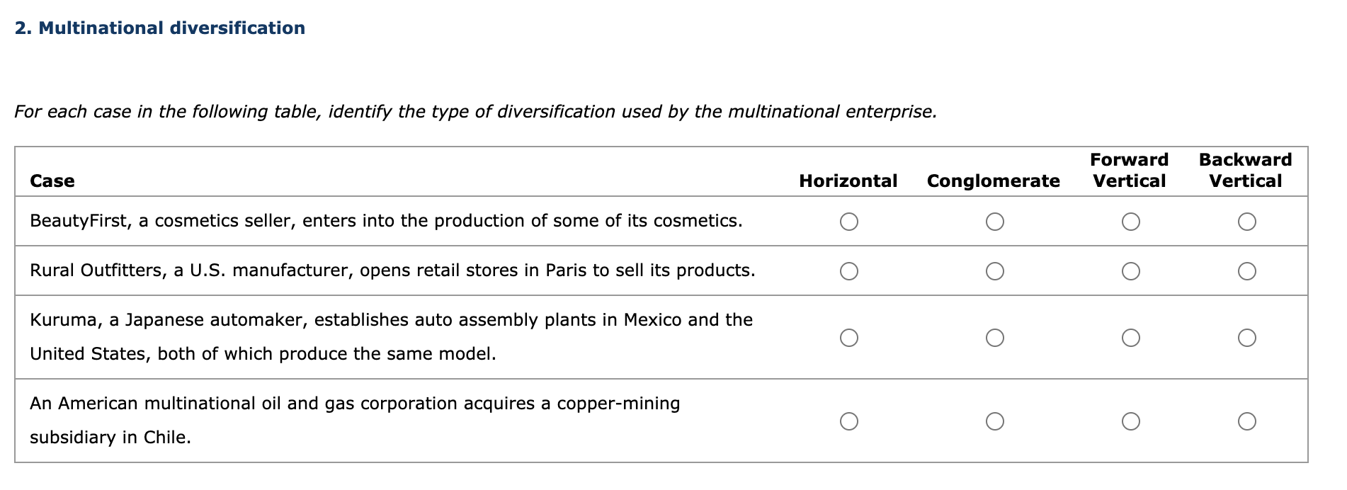 Answer plzz... 2. Multinational diversification For each case in the following table,