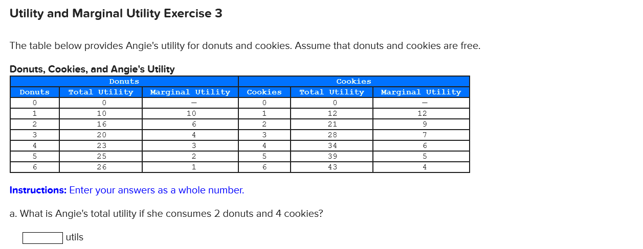 Utility and Marginal Utility Exercise 3 The table below provides Angie's