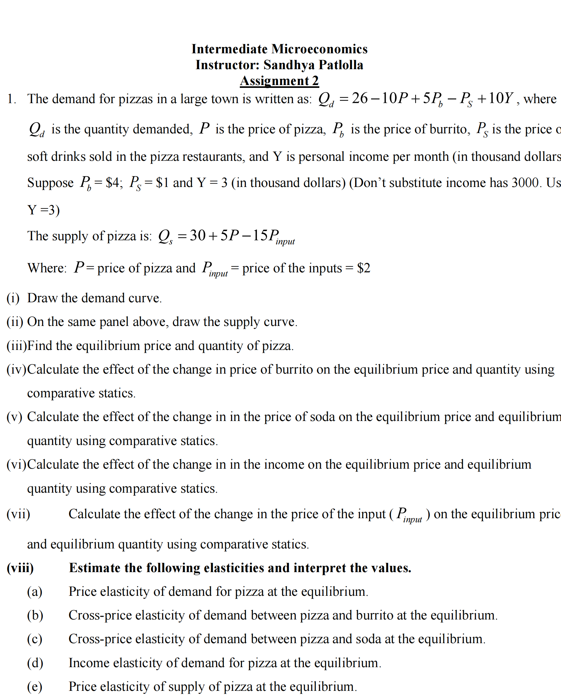 Intermediate Microeconomics Instructor: Sandhya Patlolla Assignment 2 1. The demand for
