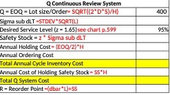  Q Continuous Review System Q - EOQ - Lot size/Order= SQRT((2*D*S)/H)