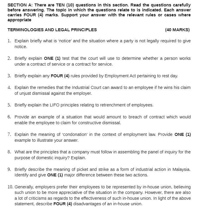  SECTION A: There are TEN [1D] questions in this section. Read