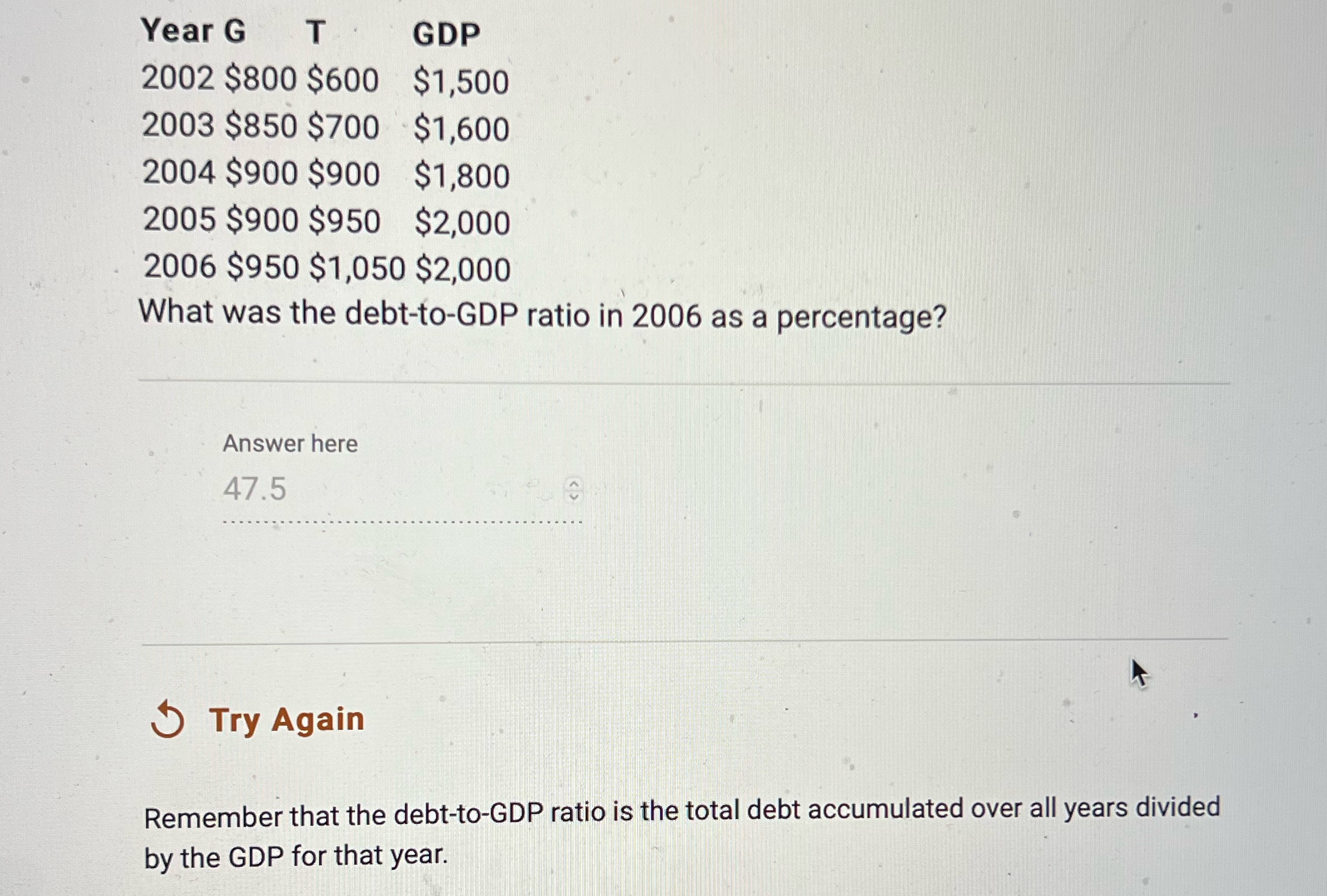 Need the answer as fast as possible Year G T GDP 2002
