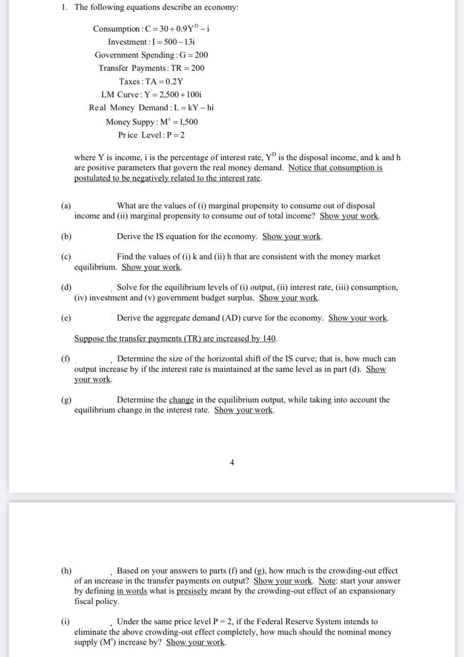 answer question 1 part a through e l. The following equations describe