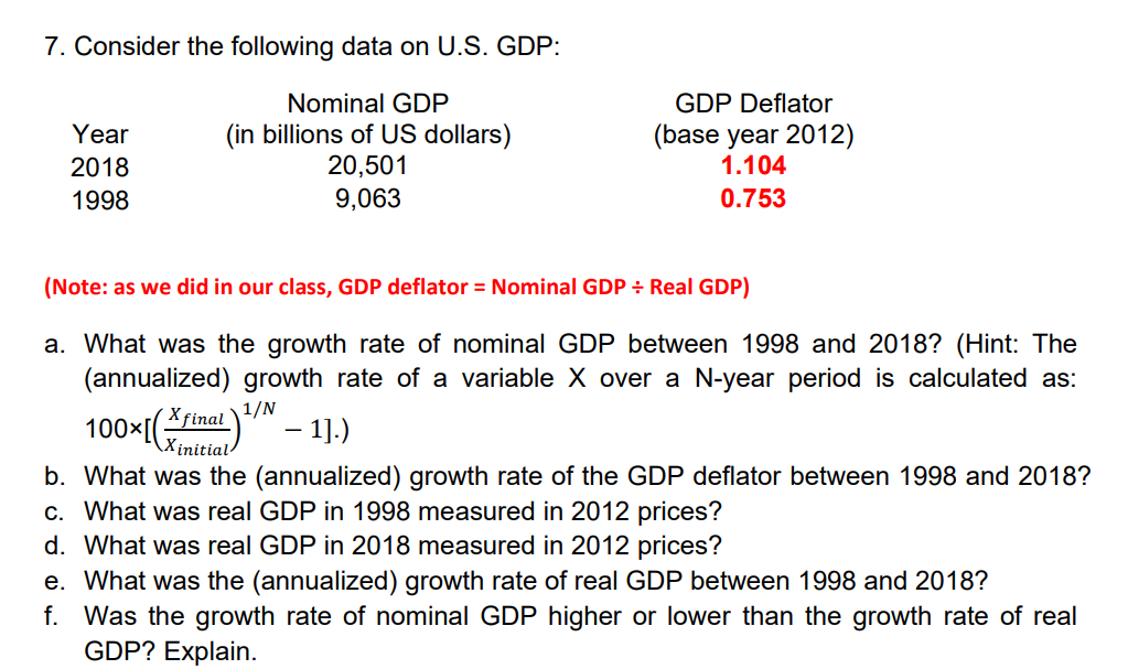  7. Consider the following data on U.S. GDP: Nominal GDP GDP