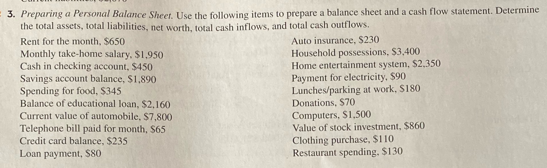 What's this answer 3. Preparing a Personal Balance Sheet. Use the following
