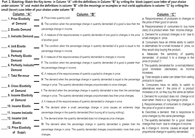 Part 2. Matching: Match the Key terms in Column "A" with