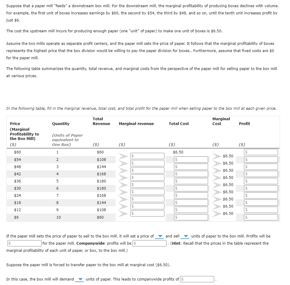  Suppose that a paper mill \"feeds" a downstream box mill. For