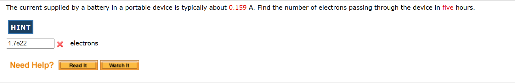  The current supplied by a battery in a portable device is