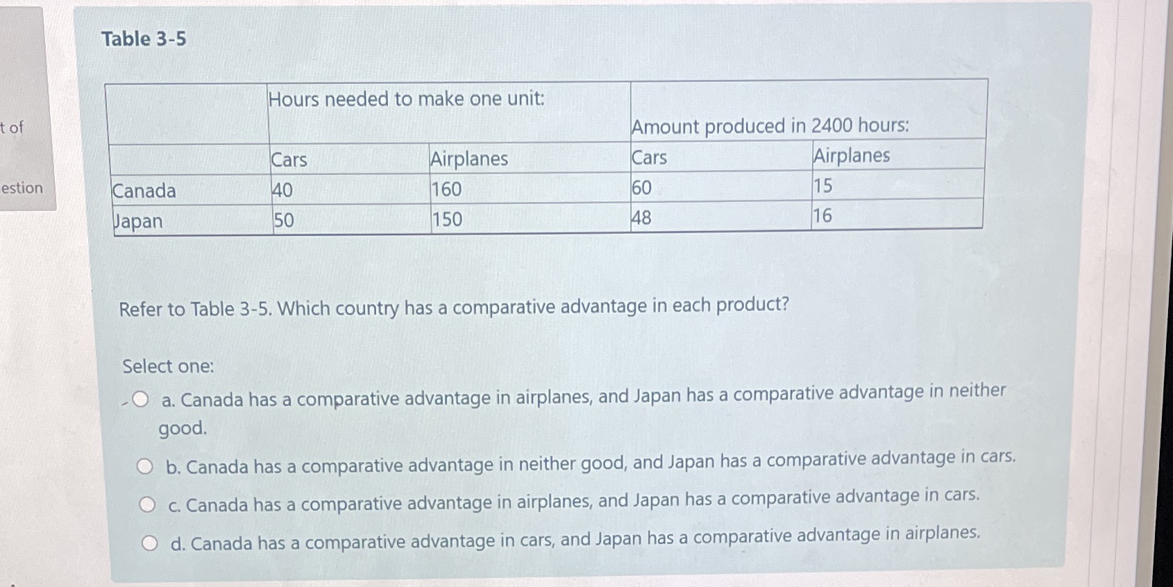 Which is the correct option. Table 3-5 Hours needed to make one